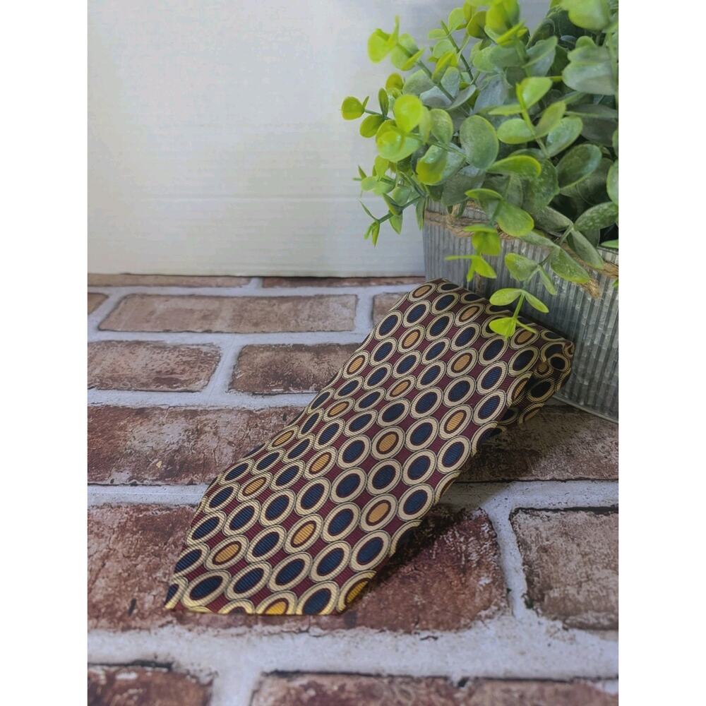 Vintage Lands End Silk Tie Wine Red Blue Geometric Ovals Classic Preppy Retro